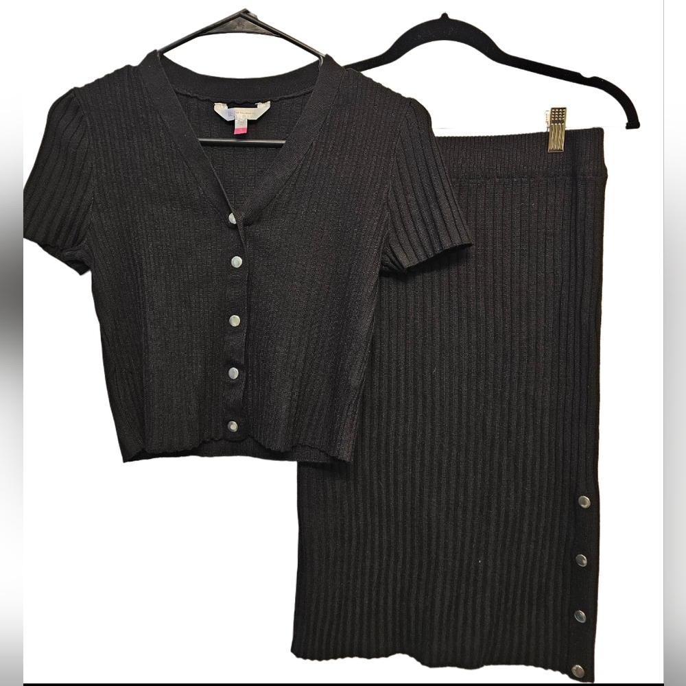 No Boundaries Black Ribbed Button Up Top & Pencil Skirt Set Sz Md